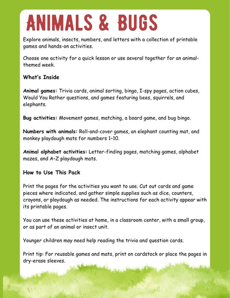 Animal & Bug Activity Pack | Printable Preschool Games, Math & Alphabet