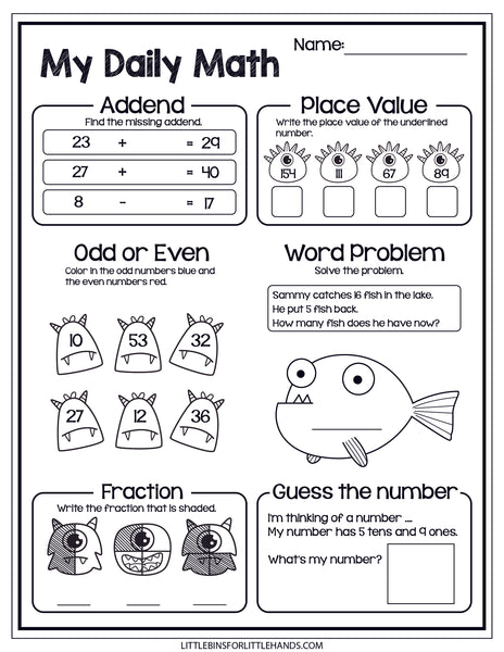 Monster Theme Daily Math Worksheets