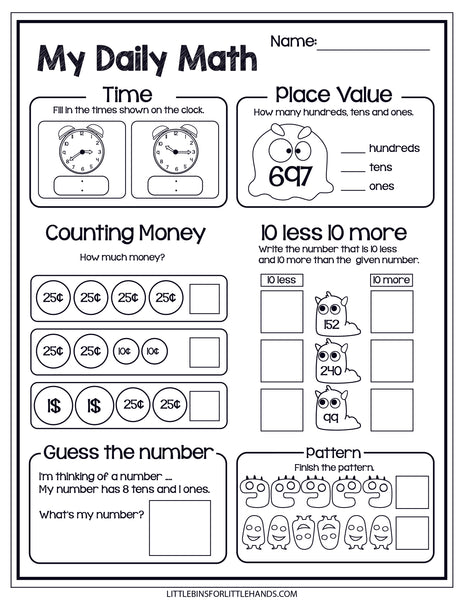 Monster Theme Daily Math Worksheets