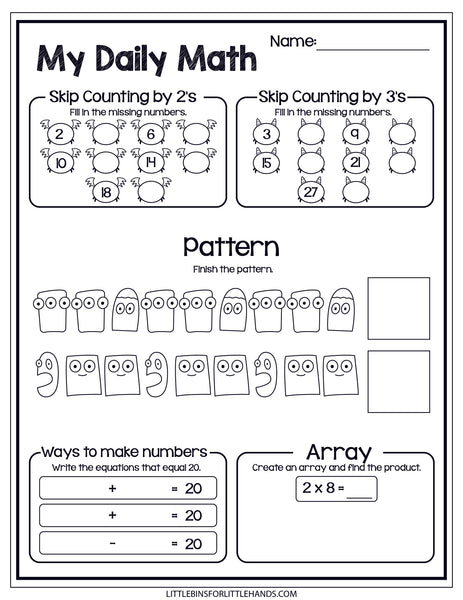 Monster Theme Daily Math Worksheets