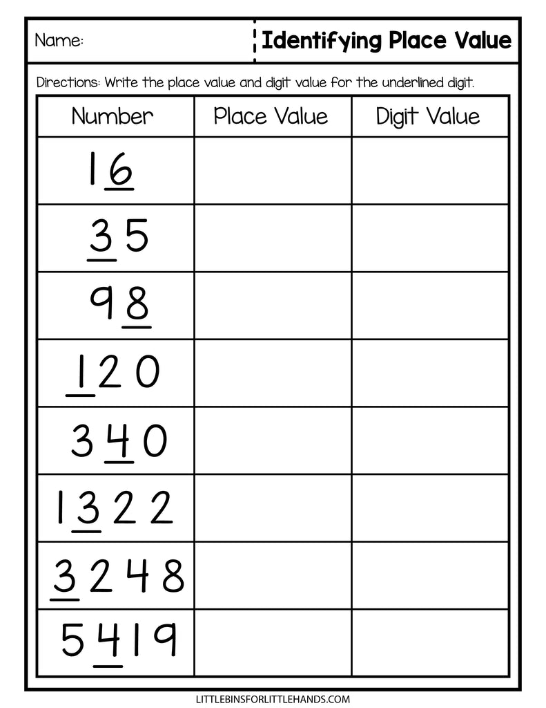 Place Value Math Task Place Value Worksheets Underlined Digits Place Value Underline Digit